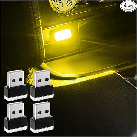 Augeny 4 PCS USB LED Car Interior Atmosphere Lamp, Plug-in USB Decor Night Light, Portable Auto Ambient Lighting Kit, Universal Vehicle Interior Accessories for Most Cars (Yellow)