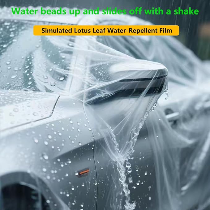 Car Essential Universal Disposable Clear Plastic Car Cover Suitable for SUV Sedan (Membrane Size：11.8ft x 21ft) with Elastic Band for Outdoor Snow Rain Weather，Individually Packaged, Super Convenient