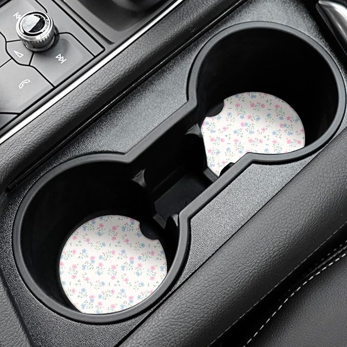 Vintage Flowers Car Coasters,Absorbent 2 Pack for Cup Holders with Finger Notch,2.56 inches Ceramics Heat Resistant Anti Slip Cork Base Car Drinks Coasters Auto Cup Holder