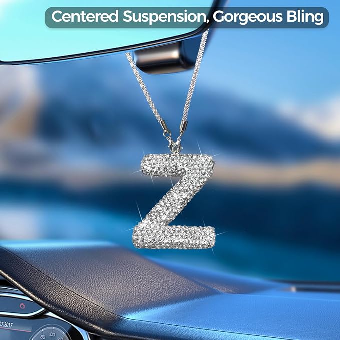 Bling Car Accessories for Women Letter Charm, Rear View Mirror Ornament Cute Hanging Crystal Pendant Girl Car Decorations, Lucky Diamond Rhinestone Girly Charm Interior (White Z)