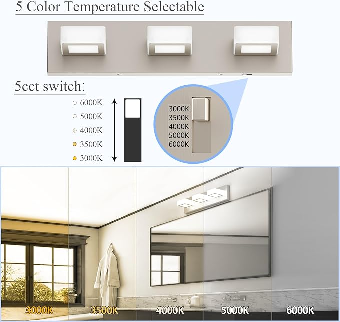 Ralbay 5 Color Temperature Brushed Nickel Bathroom Vanity Lights Dimmable Acrylic Modern LED Bathroom Wall Lighting Fixtures Brushed Nickel