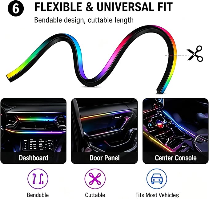 Car Interior Ambient Lighting Kit, Acrylic LED Strip Lights 43.3in 2 in 1, APP & Remote Control, RGB Music Sync Neon Light, USB Powered Flexible Car Lights for Dashboard, Door, Universal Fit