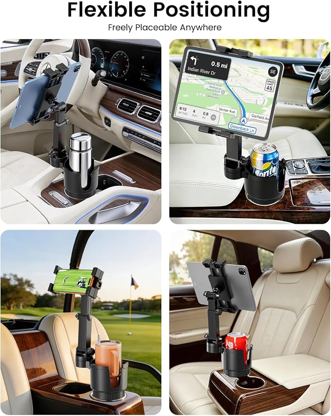 OHLPRO Cup Holder Tablet Mount for Car, Anti-Shake iPad Stand with Drink Holder Fits 5-17" iPad, Tab S10, iPhone, Heavy Duty Truck Vehicle Auto Accessories, Dual Handle Slots Large Mugs