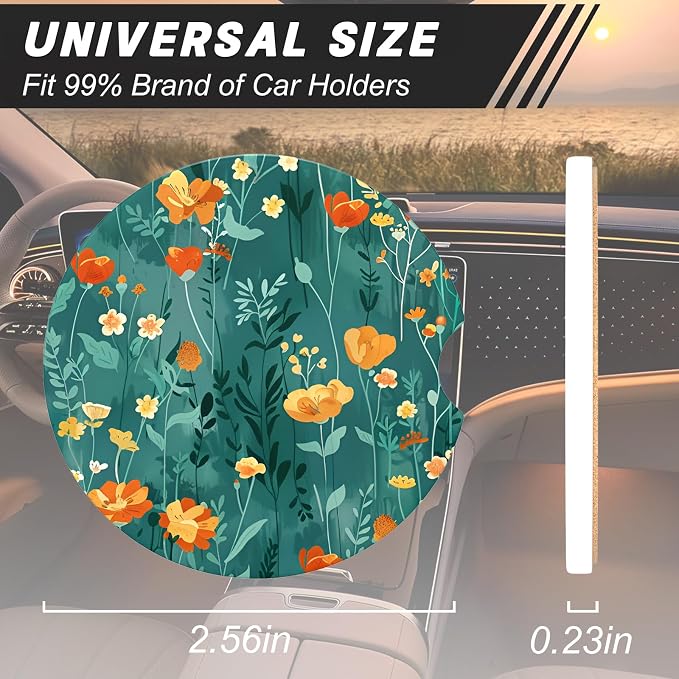 Aiawoxc Car Cup Holder Coasters, 2 Pack Universal Auto Anti Slip Insert Coaster with A Finger Notch, Cup Mat for Most Car Interior, Beautiful Flowers