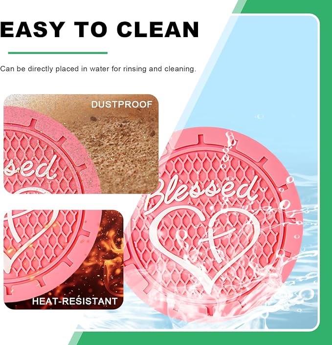 2 PCS Car Cup Holder Coaster, 2.76 Inch Non-Slip Auto Drink Mats with Blessed Cross and Heart, Shockproof Christian Cup Insert Coaster for Most Vehicles, Car Accessories (Pink)