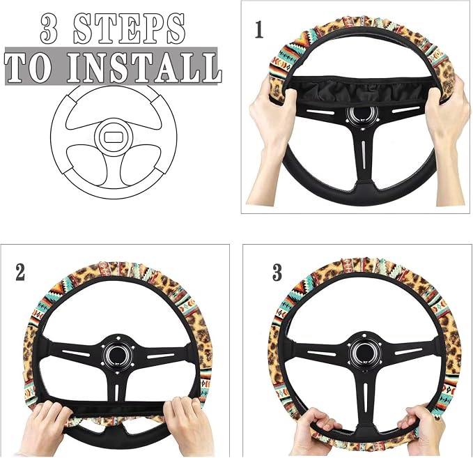 Wanyint Car Steering Wheel Cover Universal 15 Inch Auto Accessories Car Interior Decoration for Women Men Fit SUV Sedan Van Truck, Vintage Aztec Leopard Print