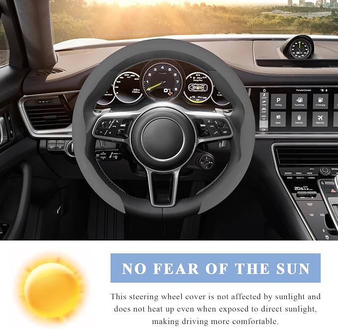 Steering Wheel Cover, 15 Inch Anti-Slip Breathable Steering Wheel Protector Auto Interior Decor, Heat-Resistant Comfort Grip Wheel Cover Universal for Most Cars Trucks SUVs (Gray)