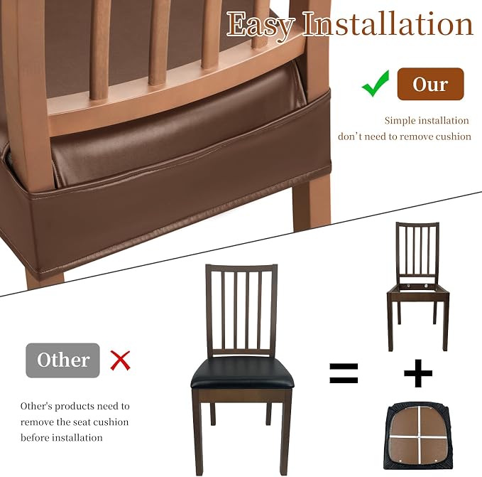 Waterproof Dining Chair Seat Covers Leather Kitchen Seat Covers, Stain Resistant Stretch Chair Seat Covers for Dining Room Chairs Set of 8, Rear Covered Washable Dining Chair Covers Coffee