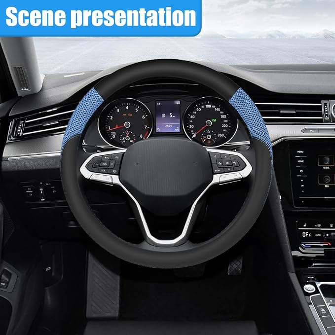Car Steering Wheel Cover, 15" Breathable Microfiber Leather Ice Silk Mesh Wheel Wrap, Warm in Winter & Cool in Summer, Comfortable Anti-Slip Auto Interior Decorative Protector(Blue)
