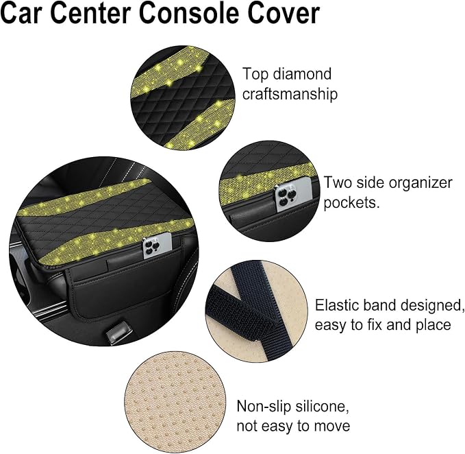 NBTEPEM Bling Car Center Console Cover, Leather Middle Console Cover with 2 Storage Bags, Universal Arm Rest Cover Protector, Bling Car Accessories Interior Fit for Most Vehicles, Yellow Diamond