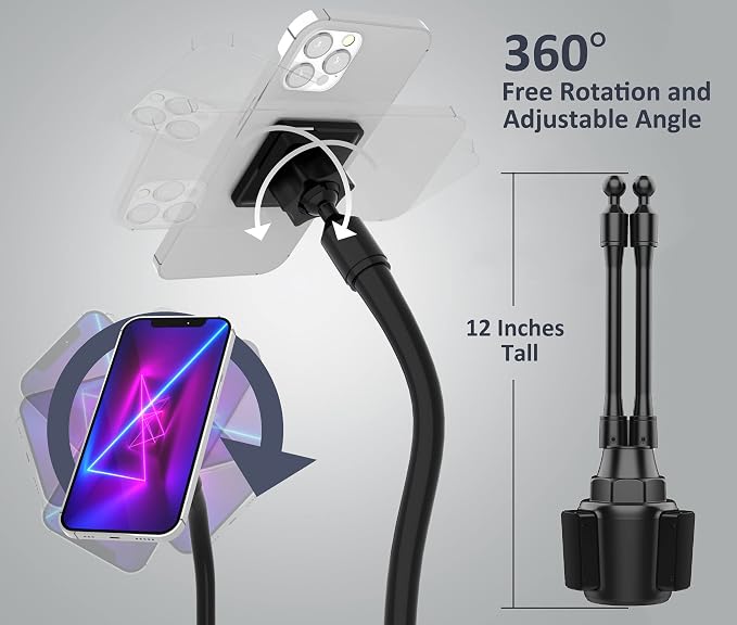 Dual Phone Holder for Car Cup Holder – Long Flexible Neck, 360° Rotatable Car Phone Mount - Adjustable Cell Cup Holder, Universal Size Fits 2 iPhone, Samsung, GPS and More (Magnetic)