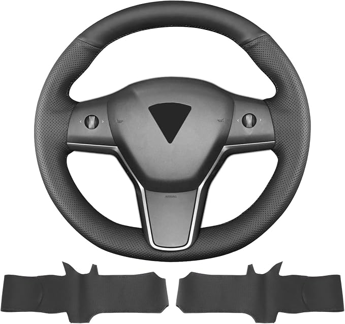 Hand Sewn Steering Wheel Cover,Fit for Tesla Model 3 2017-2023/Model Y 2020-2023,Non-Slip Breathable Microfiber Leather Steering Wheel Cover On Wrap Car Interior Accessories