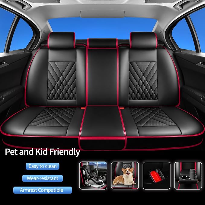 Fit Frontier Car Seat Covers Compatible with Nissan Frontier 2009-2025 2026-Premium Leather,Waterproof,Breathable,Airbag Compatible &All-Weather Seat Cushion Protecto(5 Seats Full Set,Red)