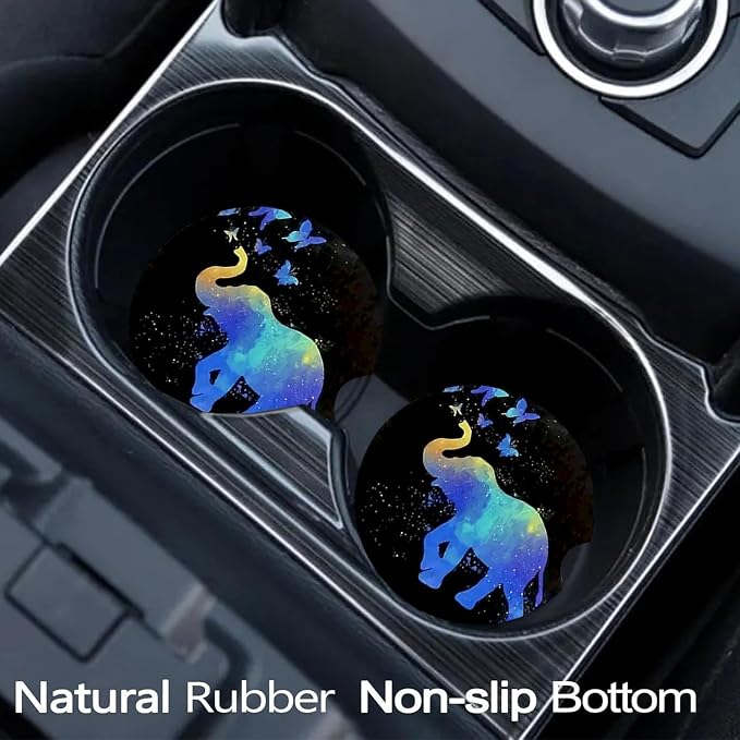 2 Pack Elephant Car Cup Holder Coasters Universal Neoprene Coasters | 2.75" Universal Size Anti Slip Rubber Mat, Auto Cup Holder Decor Accessories for SUV Truck, Elephant Gifts for Women Men Mom