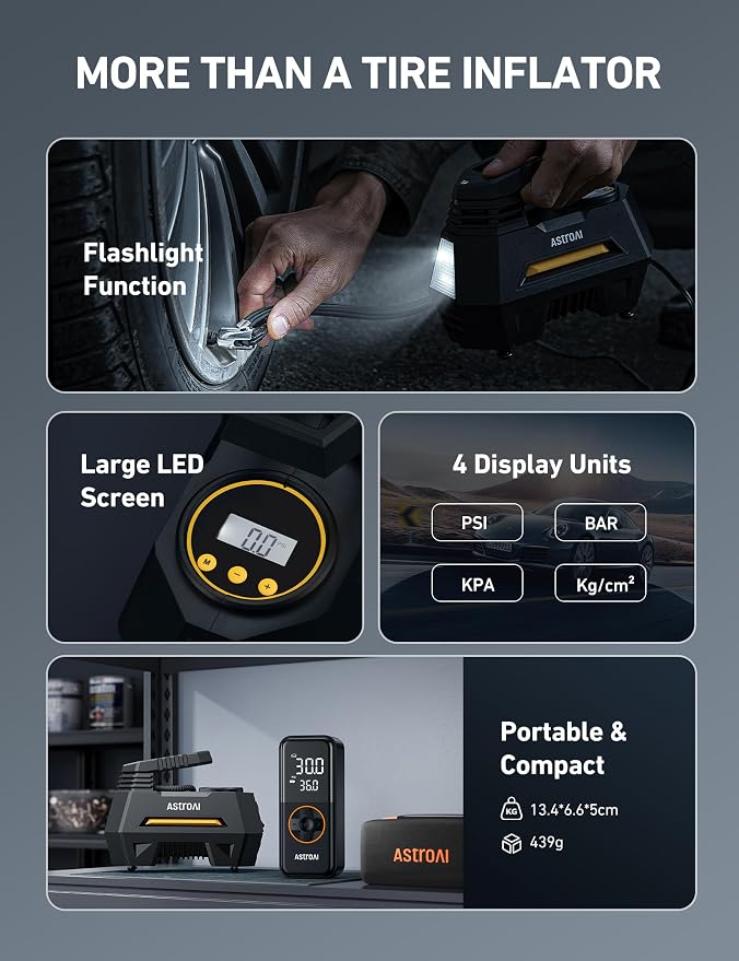 AstroAI AIRUN H1 Tire Inflator Portable Air Compressor,Fast Inflation Electric Air Pump for Car Tires-Car Accessory,9.8Ft Cord-12VDC-Powered Auto Shut-Off with Digital Pressure Gauge,LED Light,Yellow