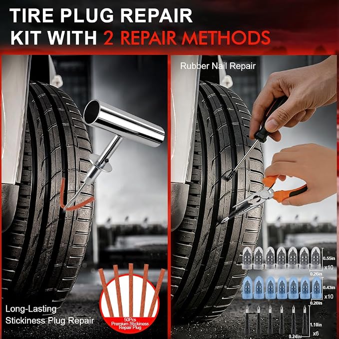 132Pcs Heavy Duty Tire Repair Kit, Professional Tire Plug Kits with Rubber Nails, 50Pcs Plugs, Fix a Flat Puncture Patch Tools for Motorcycle, Car,Truck, ATV, Auto, UTV & Lawn Mower(Tubeless)
