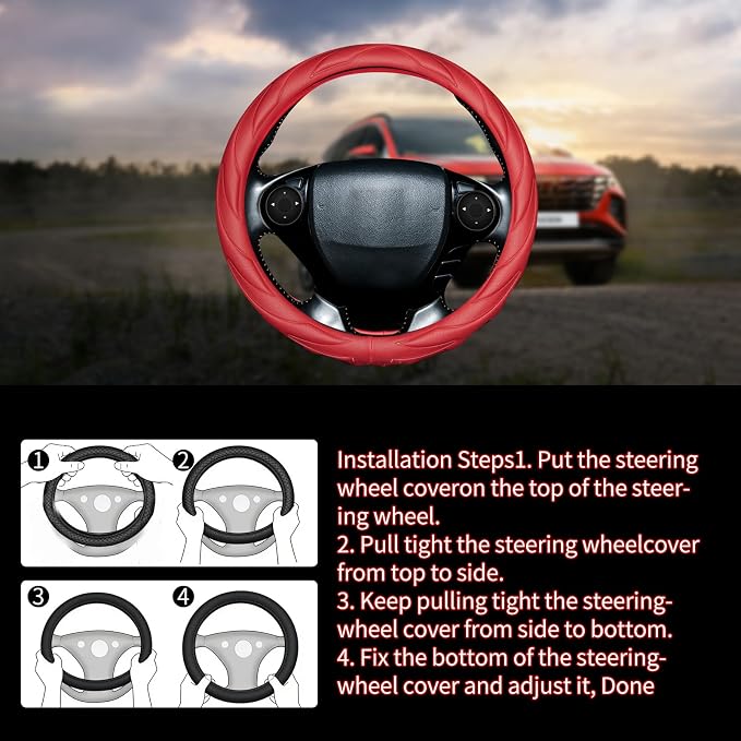 Steering Wheel Cover with Anti-Slip Leather Grip Compatible with Ford, Toyota, Honda, Nissan, and Chevrolet Vehicles for 14.5-15.35 inch Round Steering Wheels Universal Car Accessories