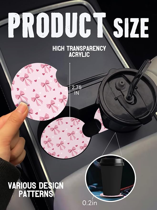 Car Cup Coasters,2 Pack Car Coaster,2.75inch Anti Slip and Absorbent Cars Coasters for Cup Holders,Car Accessories for Women,Cute Decor for Women (Heart Bowknot)