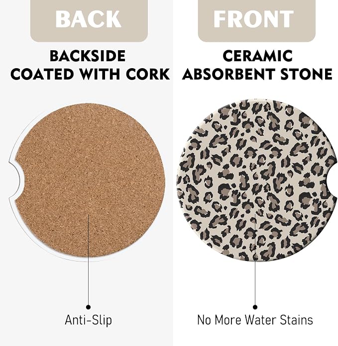 2 Pack Car Coasters for Cup Holders, Absorbent Ceramic Cup Coaster with Cork Base and Finger Notch, Cute Car Accessories Interior for Women Men (Leopard-Yellow)