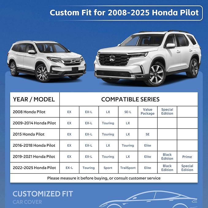 10 Layers SUV Car Cover Custom Fit for Honda Pilot (2008-2024) Waterproof All Weather for Automobiles, Outdoor Full Cover Rain Sun UV Protection.Silver