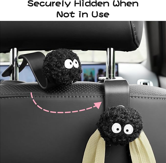 Car Seat Headrest Hook, Soot Sprites Purse Hook Holder Cute Car Storage Organizer Universal Vehicle Hanger for Hanging Handbag Grocery Bags (4 Pack)