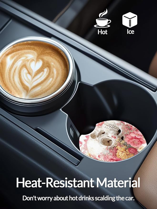 WOCOCN Cute Cup Holder Coasters for Your Car with Fingertip Grip, Auto Accessories for Women & Men,Pack of 2 (Flower Skull)