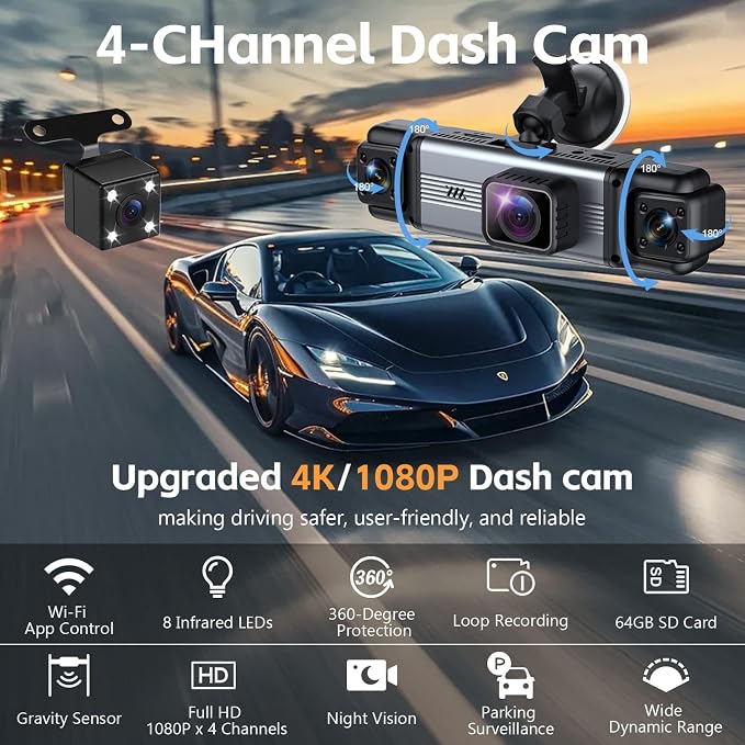 4 Channel 360° Dash Cam Front Rear Inside & Left Right 4K+1080P*3 FHD Car Camera, 5GHz WiFi & App Control 8 IR Lamps Night Vision 24H Parking Mode, G-Sensor, Loop Recording, Includes 64GB (Silver)