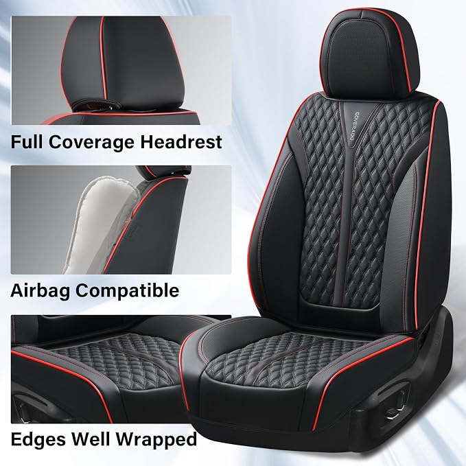 Coverado Car Seat Covers Full Set, Nappa Leather Seat Covers for Cars, Waterproof Front Seat Covers and Back Seat Covers, Car Seat Protector, Car Seat Cover Universal Fit for Most Cars, Black&Red