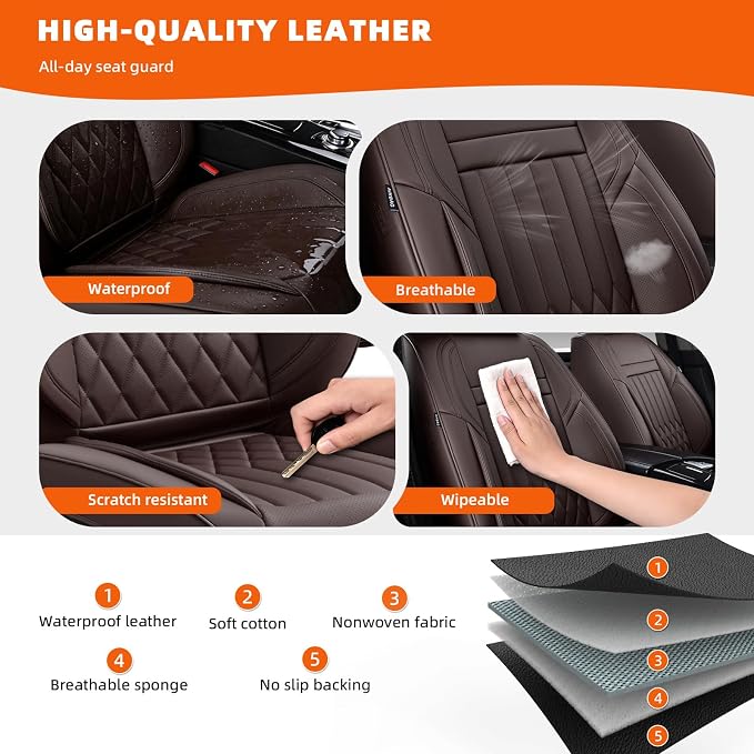 Premium Nappa Leather Car Seat Covers Full Set, Universal Fit for Most Sedans, SUVs - Waterproof & Breathable, Compatible with Honda Civic, Toyota Corolla, Jeep Cherokee/ 5-Seater, Luxury Brown
