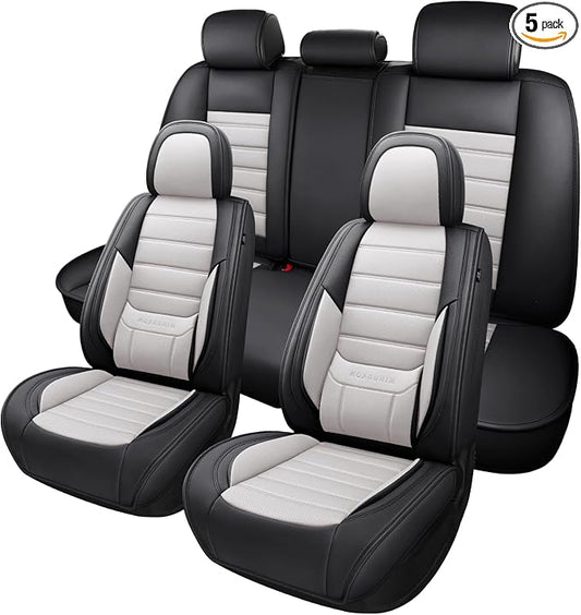 MINGBRON Car Seat Covers Full Set,Black White Car Seat Cover, Car Seat Protector Waterproof, Nappa Leather Car Seat Cushion, Fit for Most Cars