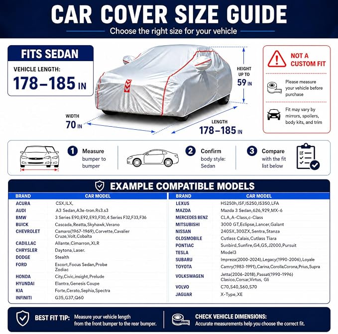 Car Cover for Sedan, Waterproof All Weather Heavy Duty, 360° Underbody Wrap Windproof Design, Quick Install Outdoor Vehicle Cover, Fits 178 to 185 in