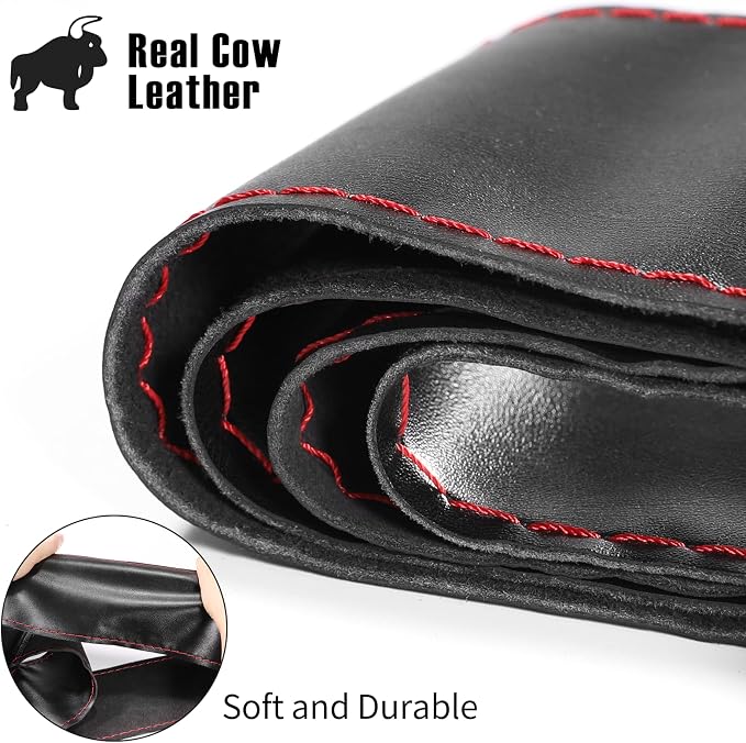 SEG Direct Genuine Leather Steering Wheel Cover, Stitch On Wrap, 15 Inch Steering Wheel Wrap for Car Truck SUV Pickup Boat, DIY Sewing with Needle Thread, Black with Red Thread
