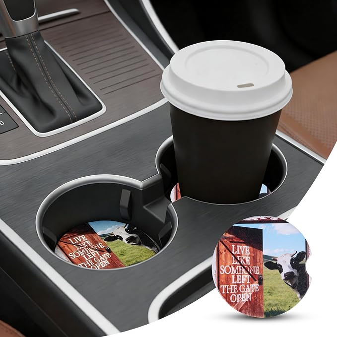 2 Pack Cow Car Print Car Coasters for Men Women Car Cup Holder Coasters, 2.63 Inch Anti Slip Ceramic Absorbent Coaster with Cork Base and Finger Notch, Cute Fun Car Accessories Interior