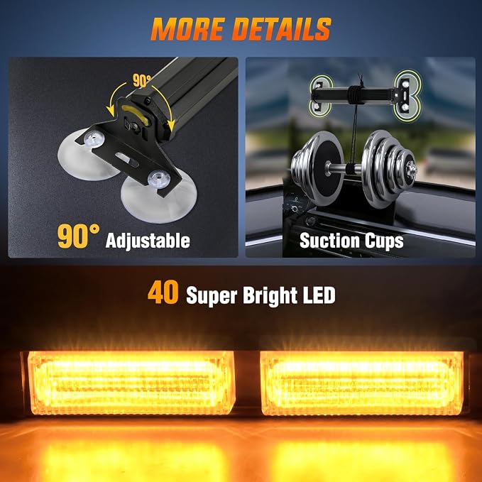 Nilight 40LED Amber Emergency Strobe Traffic Advisor Light Bar with Suction Cups Dash Safety Warning Hazard Flashing Lights Interior Front/Rear Windshield for Trucks Construction Vehicles