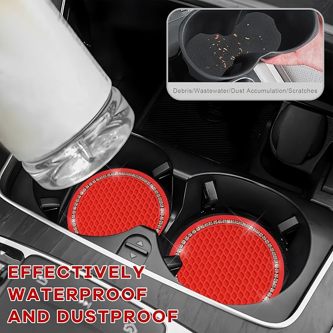 2PCS Bling Car Cup Coaster, 2.69 Inch Anti-Slip Auto Cup Holder Drink Mat w/Crystal Rhinestones, Universal Shiny Diamond Vehicle Insert Coasters Cups Mats for Women (Red & White)