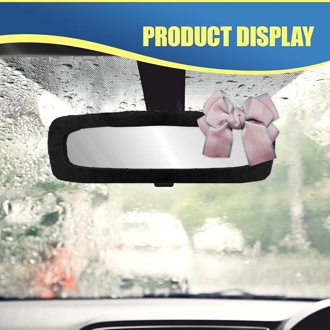 Bow Car Rearview Mirror Cover, Plush Auto Rear View Mirror Elastic Dustproof Protector, Universal Vehicle Interior Mirrors Edge Decoration Accessory for Cars, SUVs, Trucks (Pink)