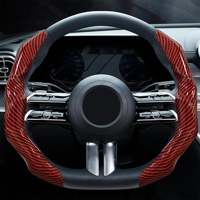 Carbon Fiber Steering Wheel Cover 2PCS Segmented Clip-on Protector (Red) | Universal Fit, Anti-Slip Lining, Sporty Style, Car Interior Accessory for Men and Women