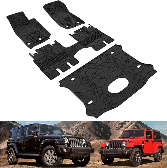 Kiwi Master Floor Mats & Cargo Mat for 2015-2018 Jeep Wrangler JK 4 Door | OEM Replacement 82213860 82214404, All Weather Car Mats, Heavy Duty TPE Floor Liners, Front & Rear & Trunk Mat Set, Black