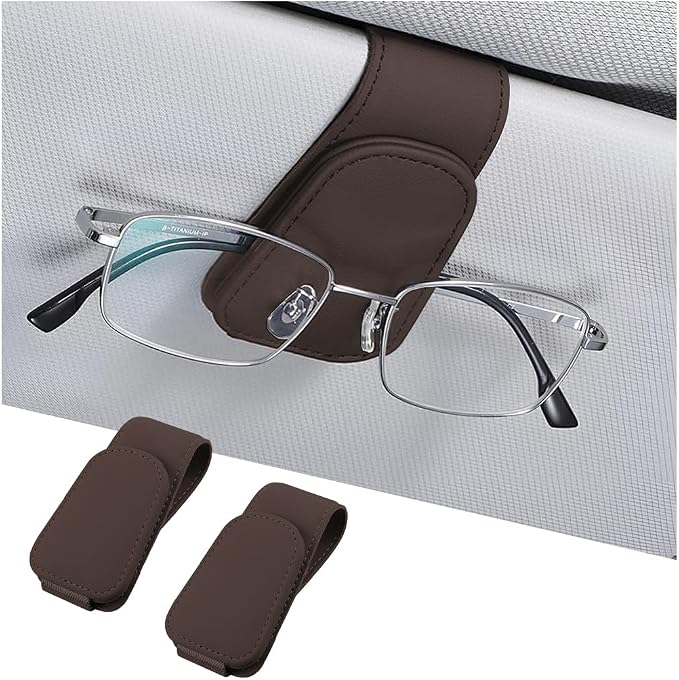 AICEL Sunglasses Holders for Car Sun Visor, Leather Eyeglasses Hanger Mounter, Magnetic Glasses Holder and Ticket Card Clip, Auto Interior Accessories Universal for SUV Pickup Truck