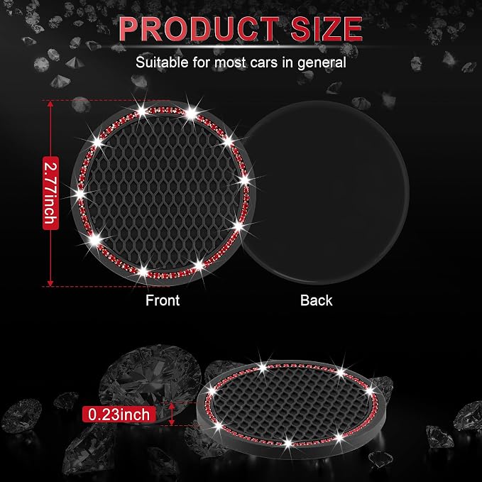 JUSTTOP 2 Pack Universal Auto Anti Slip Cup Holder Insert Coaster, Car Cup Holder Coaster, Bling Crystal Rhinestone Car Interior Accessories, Black - Red