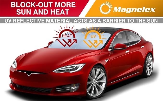 Magnelex Tesla Windshield Sun Shade for Model S 2012-2026 - Reflective Polyester Blocks Heat & Sun, Foldable Car Window Sun Blocker, Mirror Cut-Out, Fade-Resistant Sunshade, Tesla S Accessories