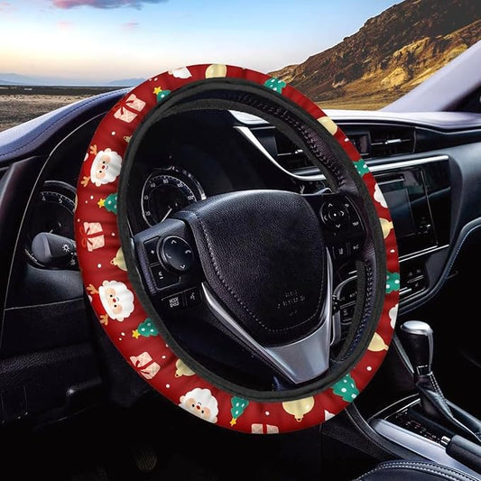 AFPANQZ Auto Steering Wheel Covers Anti-Slip Safety Stretch-on 14-15 inch | Santa Claus Red Print, Sweat Absorbing Non-slip, Steering Wheel Protection Case, Machine Washable Elastic Flexible