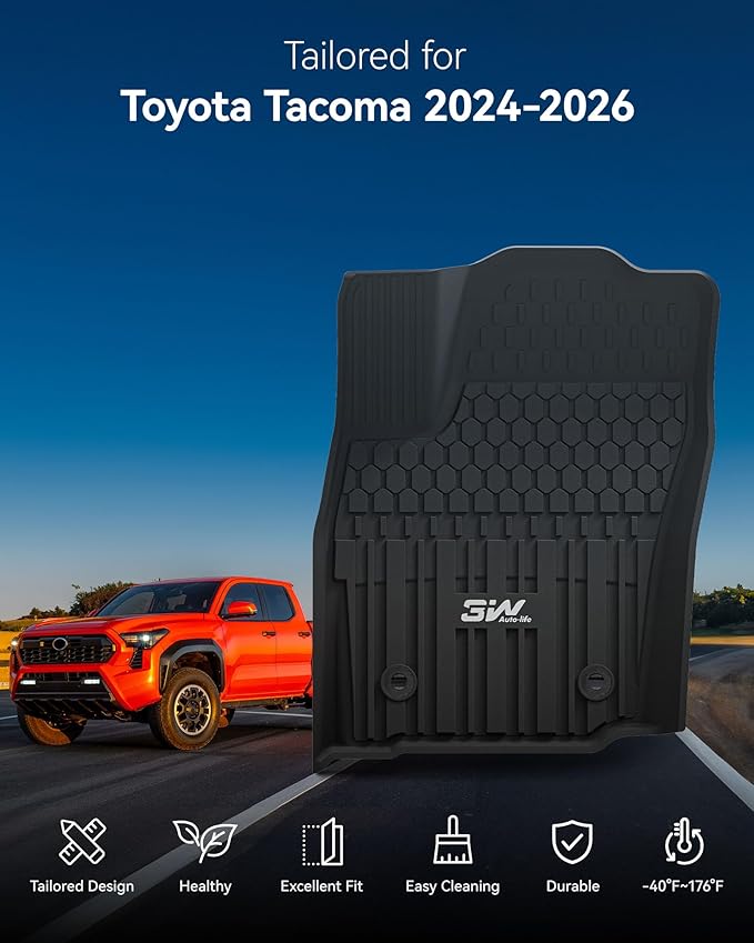 3W Floor Mats for Toyota Tacoma 2024 2025 2026 Double Cab Auto Tran(Not Fit Hybrid & XtraCab), TPE All Weather Custom Fit Floor Liner for Tacoma TRD/SR/SR5/limited Car Liners.