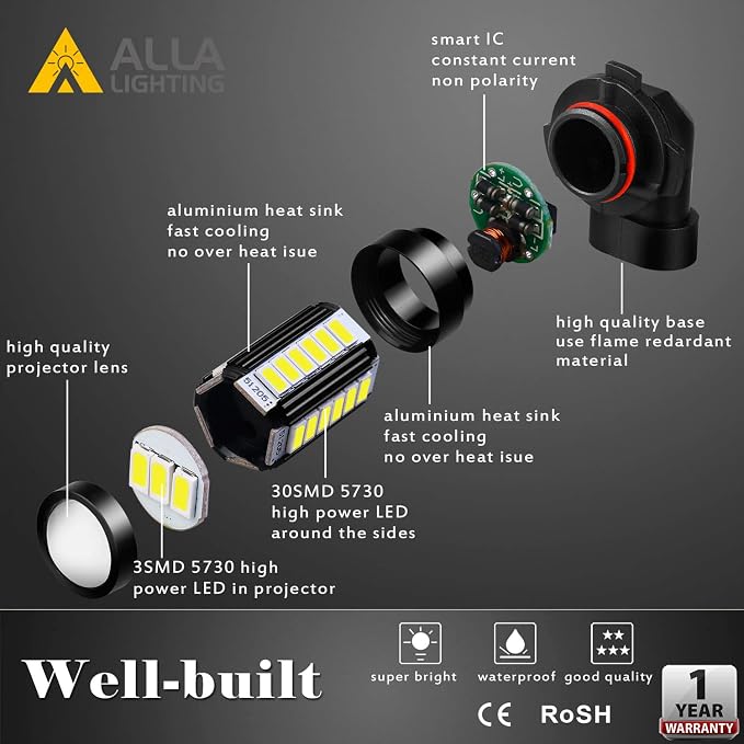 Alla Lighting Super Bright HB4 9006 LED Fog Light Bulbs, 6000K Xenon White 2800Lms Auto 12V Fog Lamps Replacement 5730 33-SMD LEDs