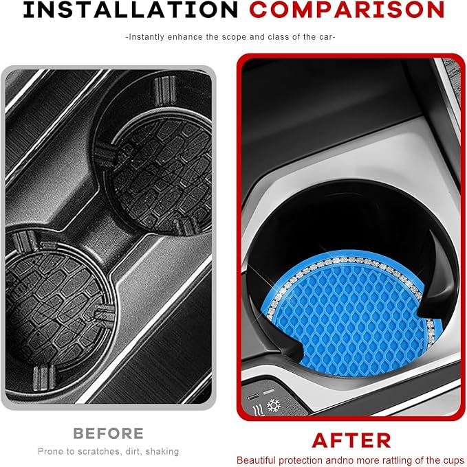 2PCS Bling Car Cup Coaster, 2.69 Inch Anti-Slip Auto Cup Holder Drink Mat w/Crystal Rhinestones, Universal Shiny Diamond Vehicle Insert Coasters Cups Mats for Women (Blue & White)