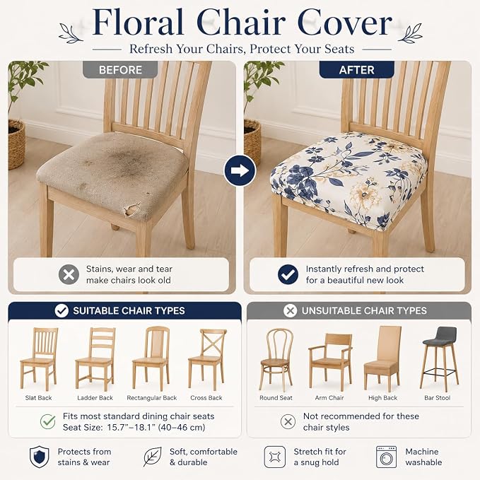 NILUOH Waterproof Seat Covers for Dining Room Chairs Set of 2, Chair Seat Slipcovers Dining Chair Cover Removable Washable Chair Protctor Cover, Rear Covers
