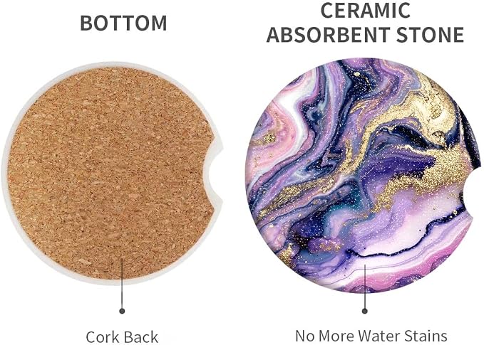 Britimes Car Coasters for Drinks Absorbent, 2 Pack Cup Holders, 2.56" Ceramic Stone & Non-Scratch Cork Base Coasters Cupholder, Auto Accessories for Women & Men, Marble Gold Natural Luxury Paint