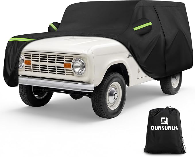QUNSUNUS Car Cover for Ford Bronco 1965-1977 Waterproof with Cotton, Zipper | Heavy 420D Oxford Outdoor All-Weather Bronco Car Covers, with Elastic Hem and Double-stitched, for Dust, Sun, Wind Protection