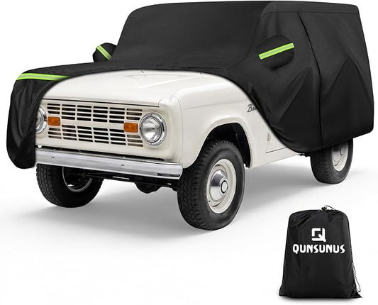 QUNSUNUS Car Cover for Ford Bronco 1965-1977 Waterproof with Cotton, Zipper | Heavy 420D Oxford Outdoor All-Weather Bronco Car Covers, with Elastic Hem and Double-stitched, for Dust, Sun, Wind Protection