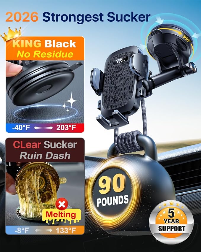 YRU True Military-Grade [360° Rotation Suction] 2026 Ultimate Car Phone Holder Mount【90+LBS Safest Strongest & Patent Certs】 Dash Windshield for iPhone 17 16 Pro Max Speakerphones, Jet Black